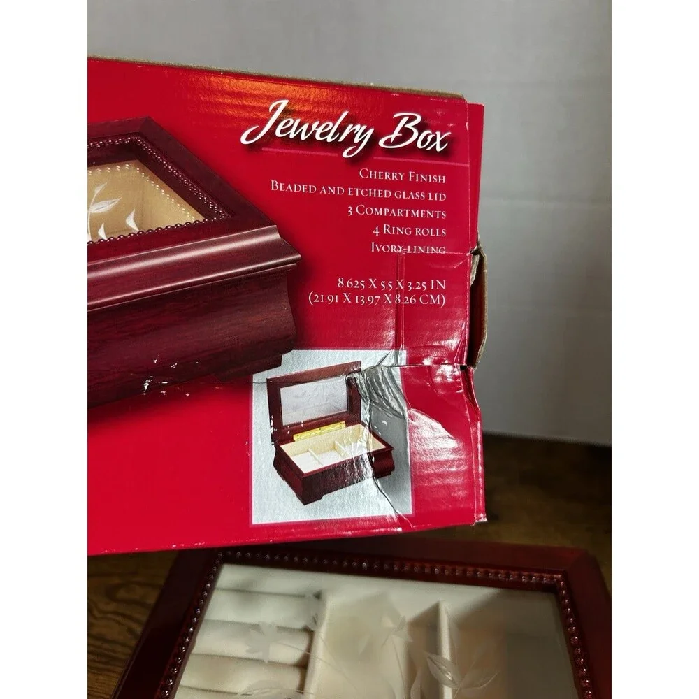 Cherry Finish Wooden Jewelry Box Etched Glass Lid 3 Compartment Ring Holder Vtg